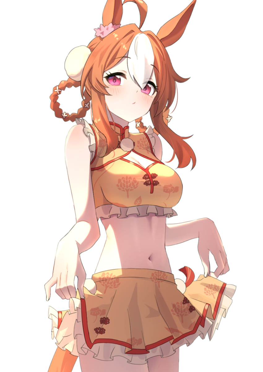 1girl, alternate_costume, alternate_hairstyle, animal_ears, breasts, cleavage, closed_mouth, commentary_request