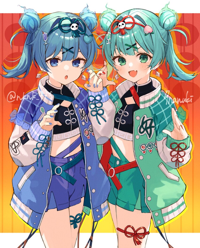 2girls, alternate_hairstyle, artist_name, blue_eyes, blue_hair, blue_shorts, cup_hair_ornament, food-themed_hair_ornament, green_eyes, green_hair, green_shorts, hair_ornament, hao_(vocaloid), hatsune_miku, highres, jacket, multiple_girls, nail_polish, shorts, smile, tananuki, thigh_strap, twitter_username, vocaloid, x_hair_ornament