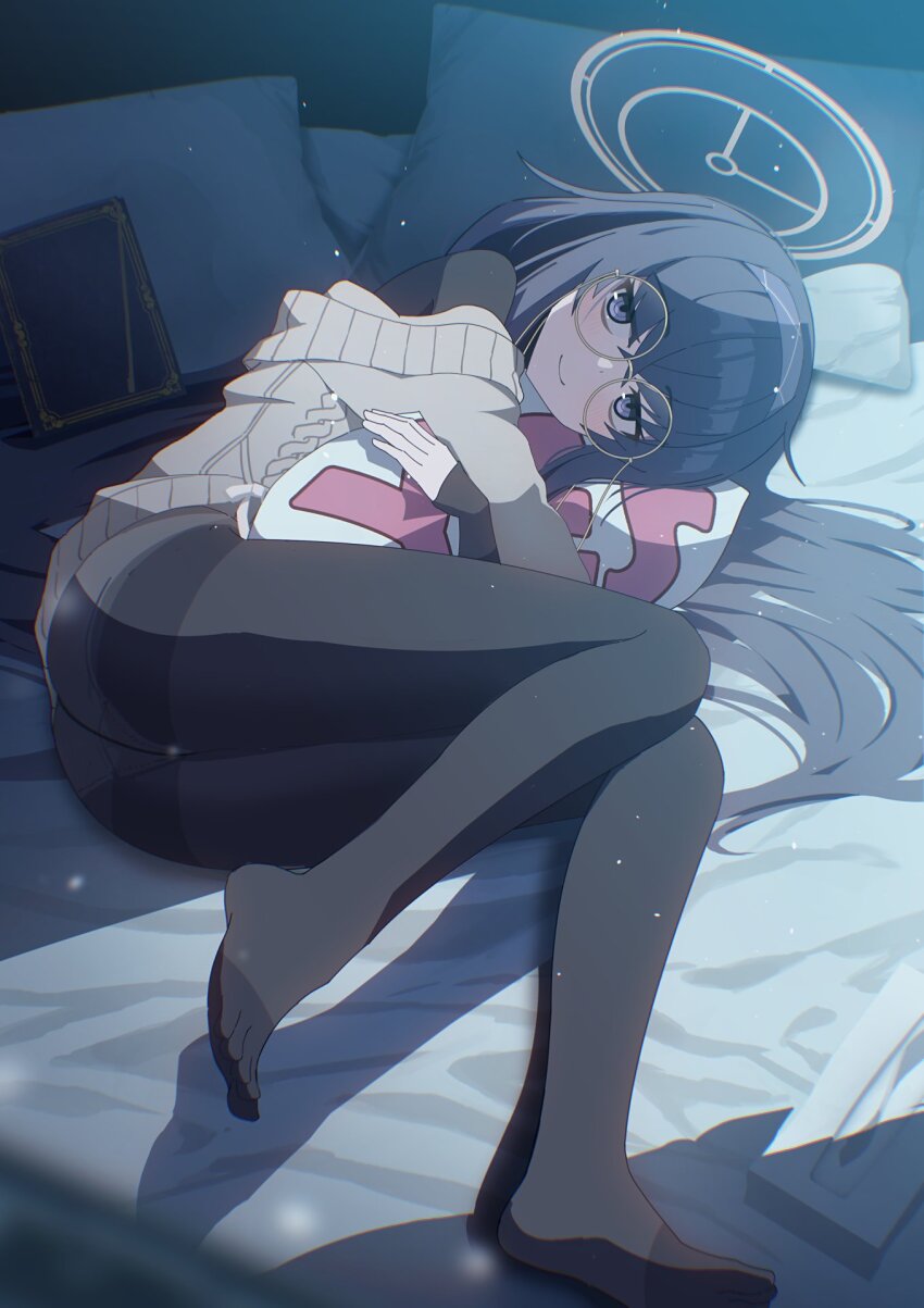1girl, ass, bed, bedroom, black_hair, black_pantyhose, blue_archive, blue_eyes, blue_hairband, brown_cardigan, cardigan, commentary, crossed_bangs, hair_between_eyes, hairband, halo, highres, hugging_object, indoors, jitome, light_particles, long_hair, looking_at_viewer, lying, night, no_shoes, off-shoulder_cardigan, on_side, panties, panties_under_pantyhose, pantyhose, pillow, pillow_hug, round_eyewear, smile, solo, thighs, tissue_box, toes, ui_(blue_archive), underwear, very_long_hair, xaiqi, yellow-framed_eyewear, yellow_halo, yes-no_pillow