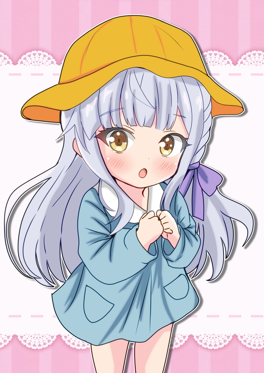 1girl, :o, absurdres, aged_down, assault_lily, blue_shirt, blunt_bangs, blush