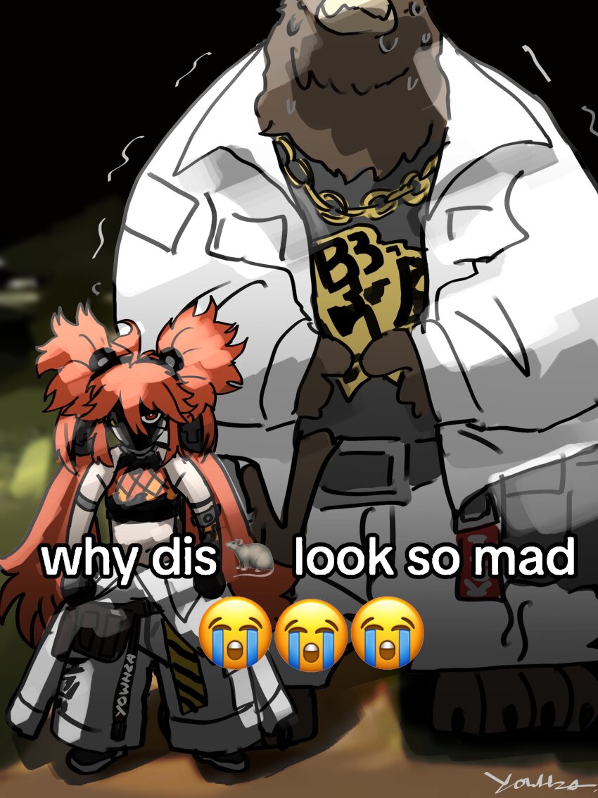 1boy, 1girl, absurdres, angry, artist_name, bear_boy, belt, ben_bigger, black_footwear, black_gloves, black_shirt, blurry, blurry_background, body_fur, brown_fur, chain, clothes_around_waist, crop_top, crying_emoji, emoji, english_text, full_body, furry, furry_male, gloves, gold_chain, hair_between_eyes, hair_ornament, head_out_of_frame, height_difference, highres, jacket, jacket_around_waist, koleda_belobog, long_hair, long_sleeves, looking_at_viewer, meme, midriff, mouse_(animal), navel, night, open_clothes, open_jacket, outdoors, pants, photo-referenced, red_eyes, red_hair, shade, shirt, shoes, signature, sleeveless, sphere_hair_ornament, standing, straight-on, sweat, trembling, twintails, white_jacket, white_pants, why_dis_ninja_look_so_mad_(meme), yowhza, zenless_zone_zero