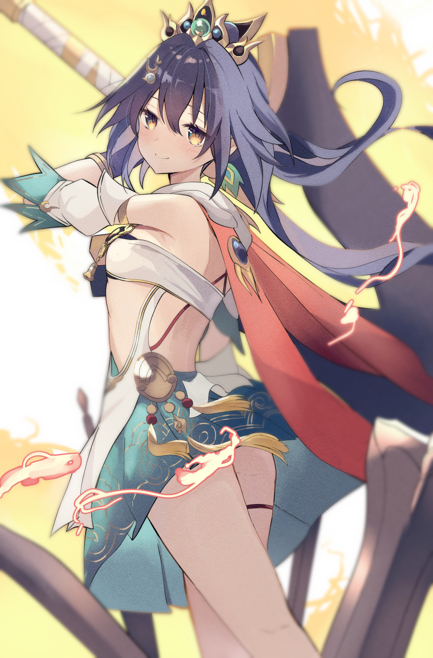 1girl, absurdres, blue_hair, blush, crown, floating_hair, from_behind, greatsword