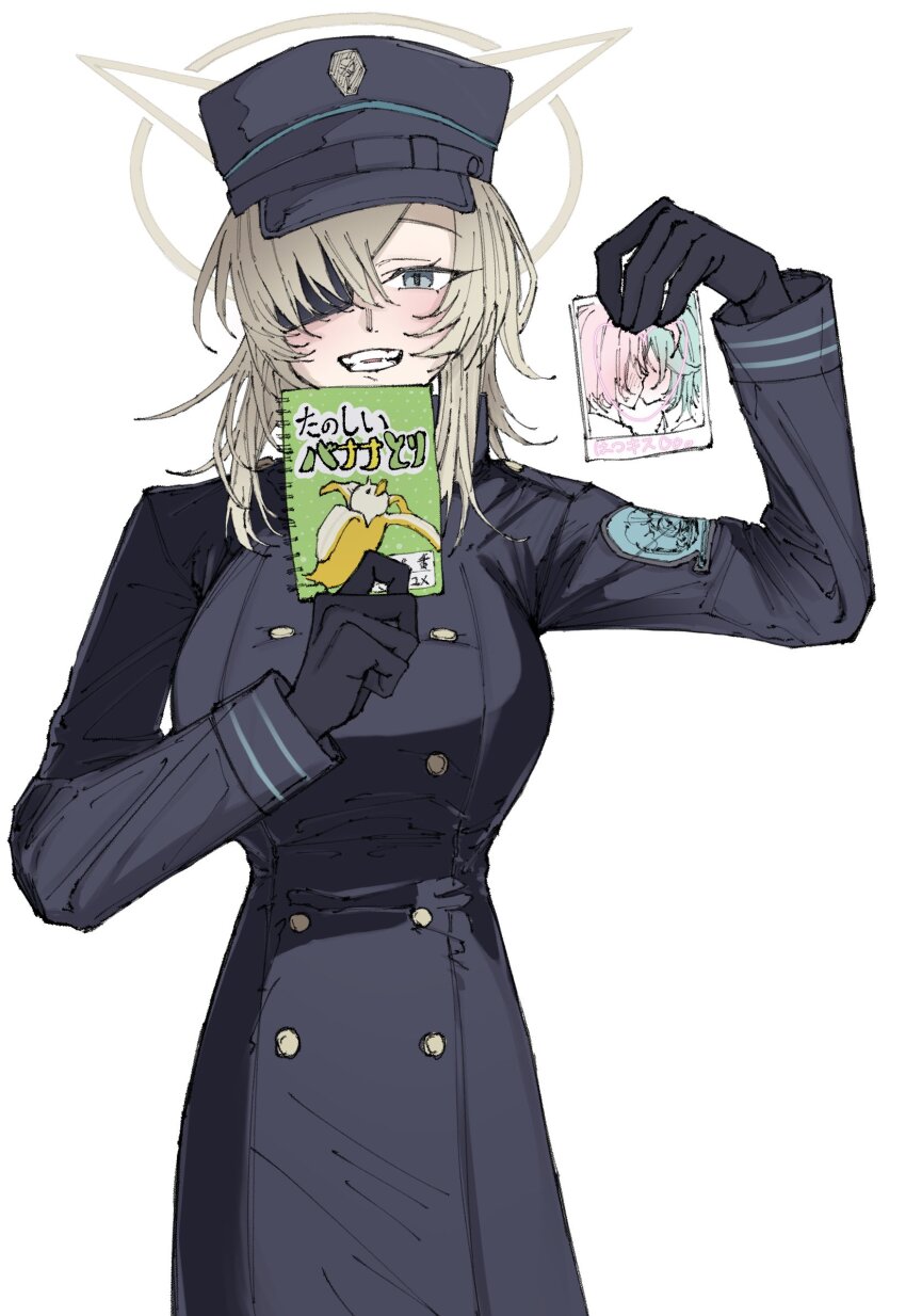 1girl, black_coat, black_gloves, black_hat, blue_archive, brown_hair, brown_halo, buttons