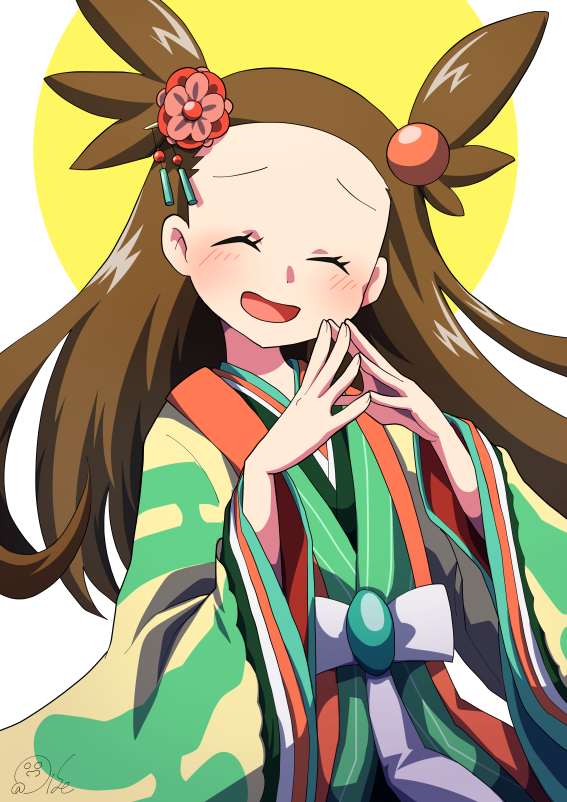 1girl, alternate_costume, blush, brown_hair, closed_eyes, commentary, eyelashes, green_kimono
