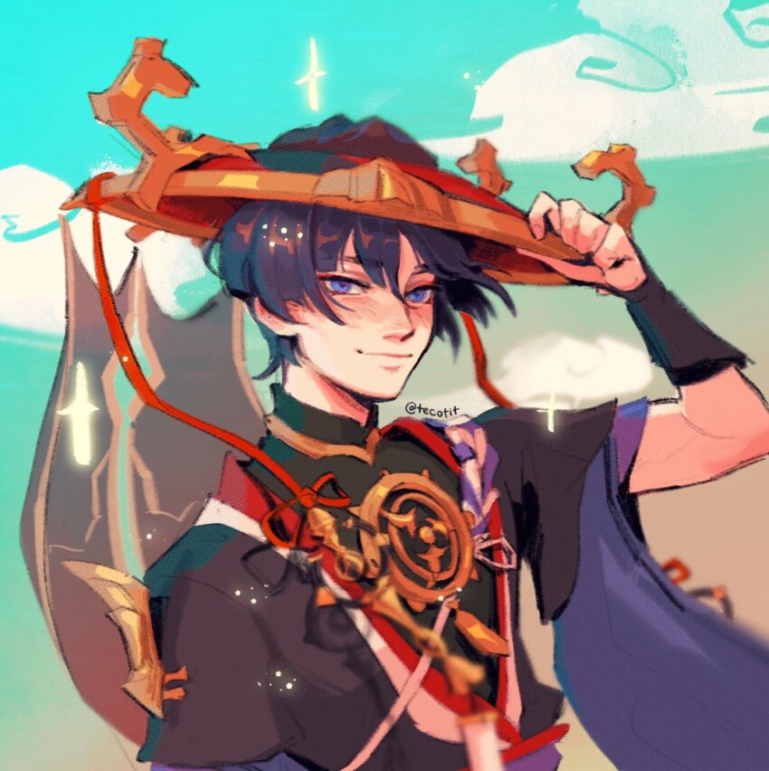 1boy, arm_up, armor, artist_name, black_hat, black_shirt, blue_eyes, blue_sky