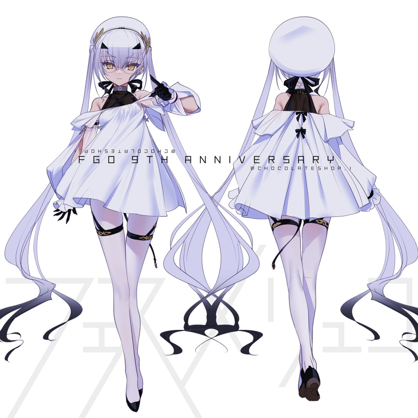 1girl, back, black_gloves, breasts, choco_(chocolate_shop), dress, fate/grand_order, fate_(series), forked_eyebrows, full_body, gloves, highres, long_hair, long_sleeves, looking_at_viewer, melusine_(exhibition_attire)_(fate), melusine_(fate), multiple_views, off_shoulder, pantyhose, small_breasts, smile, twintails, white_dress, white_hair, white_pantyhose, yellow_eyes