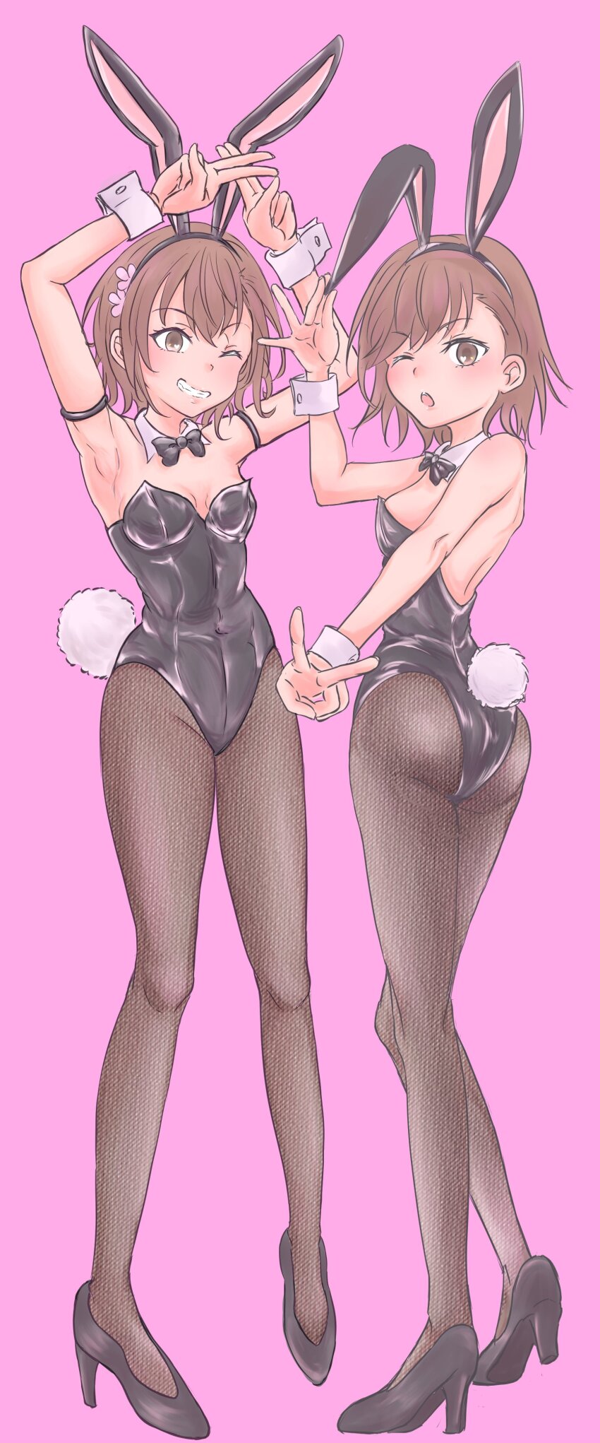 2024, 20s, 2girls, absurdres, armpits, arms_up, bare_back, bare_shoulders, blush, breasts, cleavage, clone, collarbone, flower, full_body, hair_flower, hair_ornament, high_heels, highres, komemogoo, looking_at_viewer, misaka_imouto, misaka_mikoto, multiple_girls, necktie, no_bra, one_eye_closed, open_mouth, pantyhose, pink_background, pink_flower, rabbit_ears, rabbit_tail, shoulder_blades, small_breasts, smile, standing, teeth, toaru_kagaku_no_railgun, toaru_majutsu_no_index, v, wink
