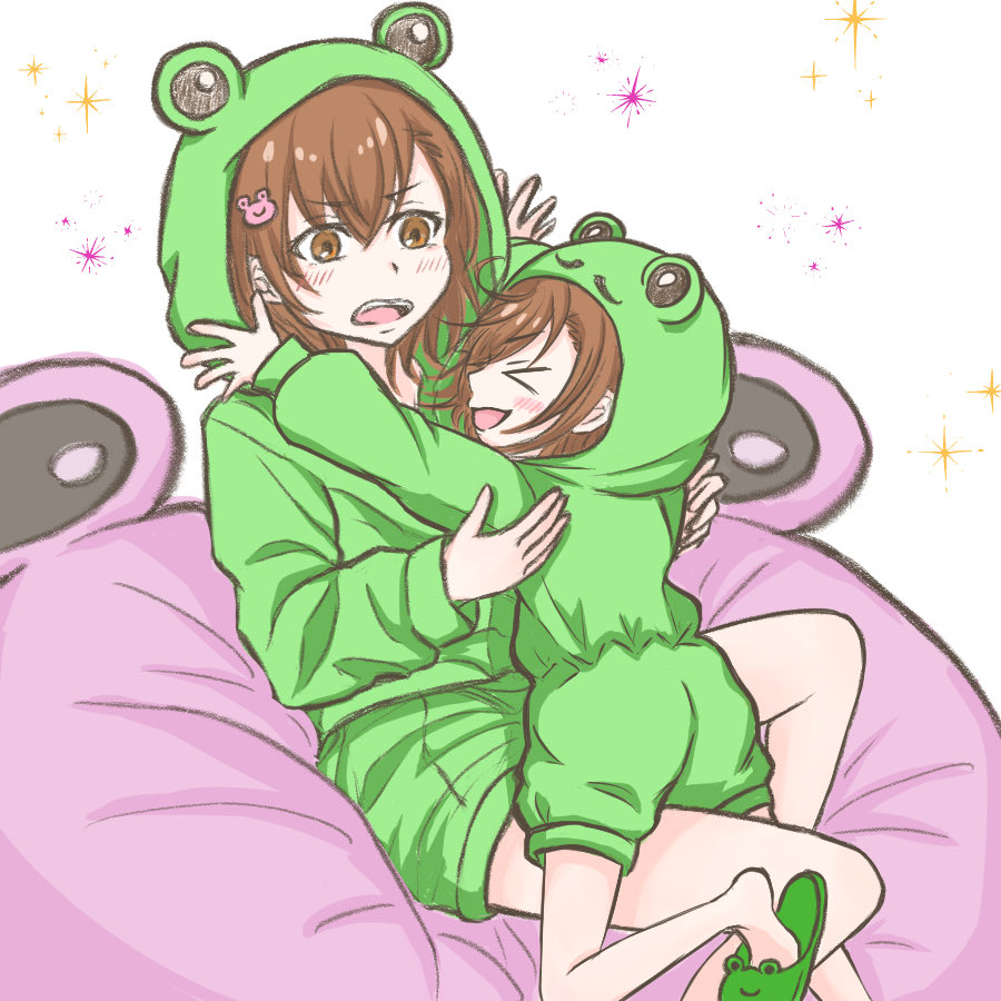 2023, 20s, 2girls, age_difference, alternate_costume, animal_hood, bare_legs, blush