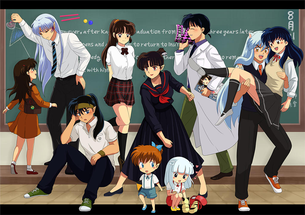 5boys, 5girls, ai_ai_gasa, animal_ears, arms_behind_back, brown_eyes, brown_hair, carrying