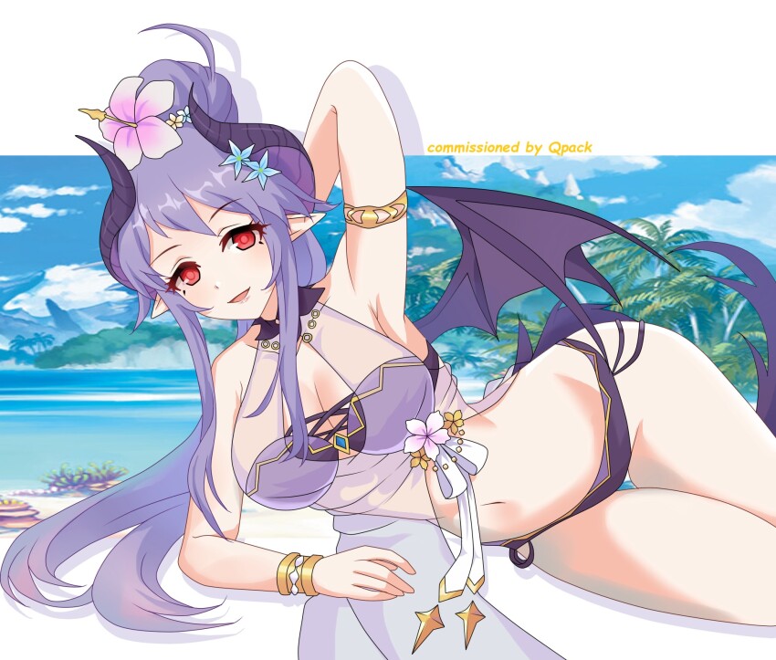 1girl, arm_behind_head, arm_up, armlet, armpits, beach, bikini, bracelet