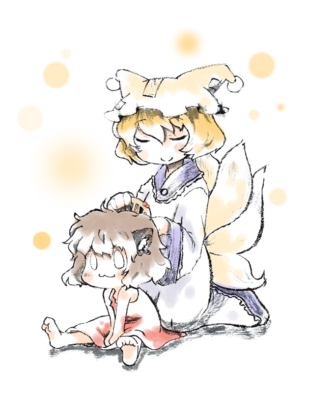 2girls, :3, animal_ears, barefoot, blonde_hair, brown_hair, brushing_hair, cat_ears