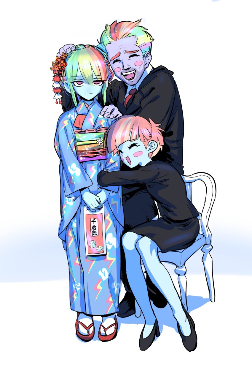 1boy, 2girls, blue_skin, blunt_bangs, blush_stickers, bow_hothoof, ceitama_oppai, chair