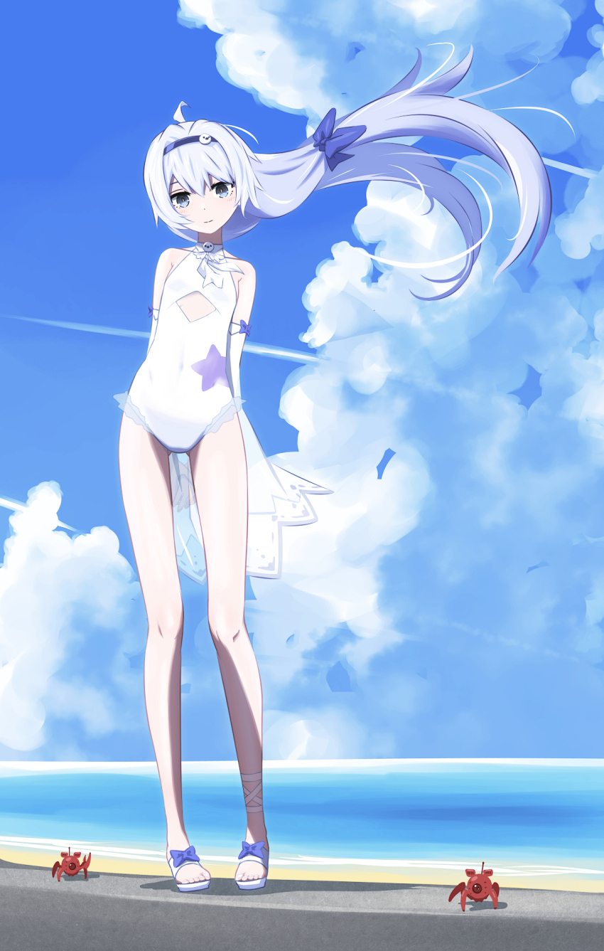 1girl, 32zzz, ahoge, alternate_costume, arms_behind_back, bare_legs, bare_shoulders, beach