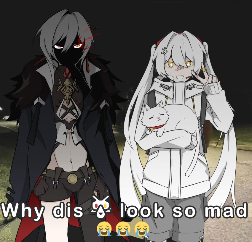 2girls, absurdres, alpha:_crimson_weave_(pgr), alpha:_crimson_weave_(tsubaki)_(pgr), alpha_(pgr), asymmetrical_legwear, backpack, bag