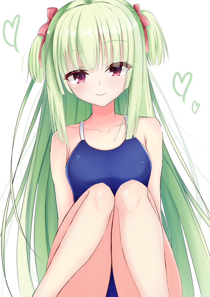 1girl, absurdres, alternate_costume, armpit_crease, arms_at_sides, bare_shoulders, blue_one-piece_swimsuit, blunt_bangs