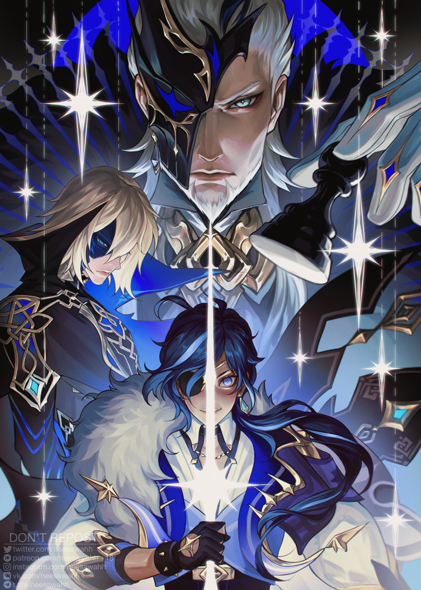 3boys, antenna_hair, artist_name, beard, black_cape, black_gloves, blonde_hair, blue_cape