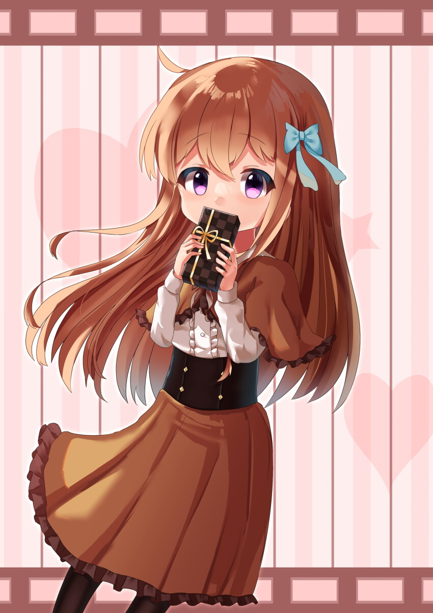 1girl, absurdres, black_pantyhose, blue_bow, bow, brown_capelet, brown_hair, brown_skirt