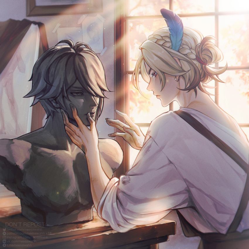 1boy, alhaitham_(genshin_impact), apron, artist_name, black_apron, blonde_hair, braid, bust_(sculpture)