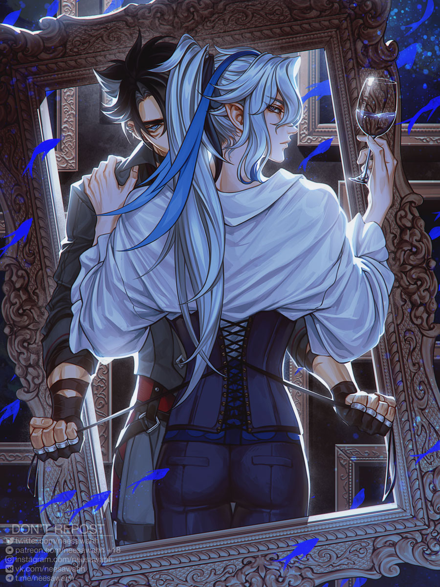 2boys, artist_name, bandaged_arm, bandaged_neck, bandages, black_gloves, black_hair, black_ribbon