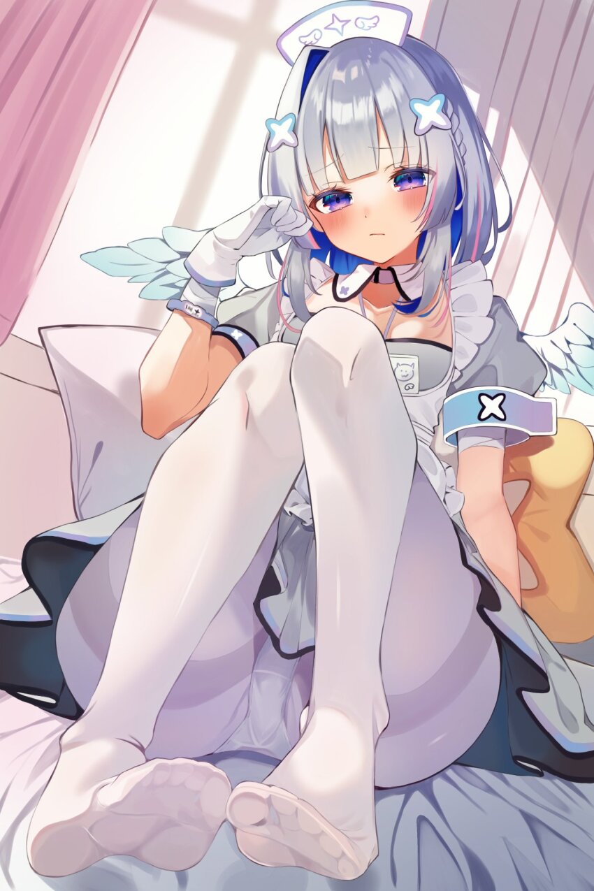 1girl, amane_kanata, amane_kanata_(nurse), angel, angel_wings, apron, armband, blue_hair, blush, colored_inner_hair, detached_collar, dress, feet, foot_focus, gloves, grey_hair, hair_ornament, hat, highres, hololive, looking_at_viewer, maid_apron, medium_hair, multicolored_hair, nurse_cap, official_alternate_costume, panties, pantyhose, purple_eyes, sitting, soles, solo, uekana9, underwear, virtual_youtuber, white_panties, white_pantyhose, wings