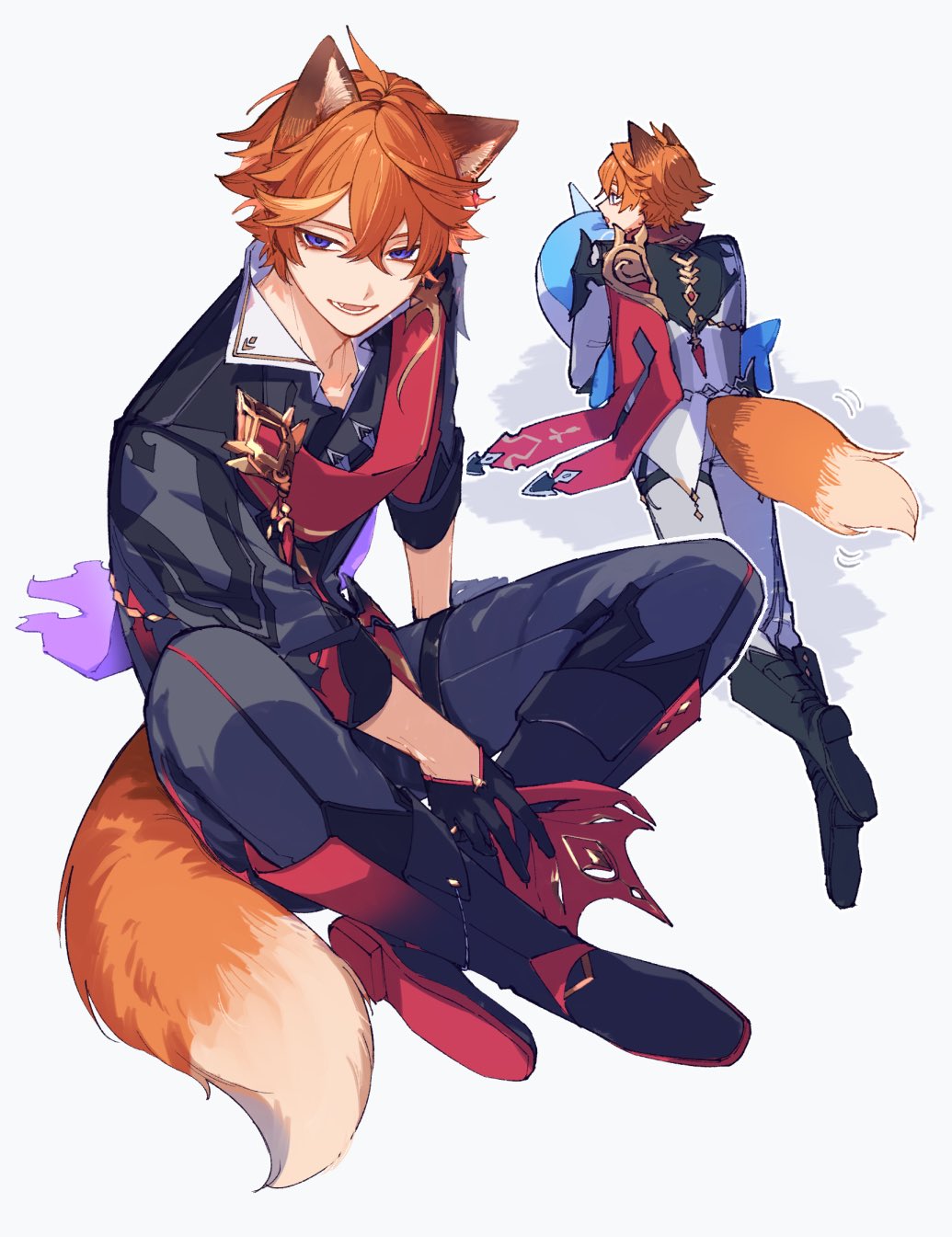 1boy, ahoge, animal_ear_fluff, animal_ears, black_footwear, black_gloves, black_jacket, black_pants