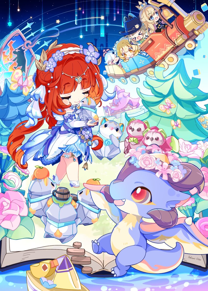 >_<, 5girls, :d, absurdres, animal, baby_animal, black_hat, blonde_hair, blue_eyes, book, bulle_fruit_(genshin_impact), chibi, circlet, closed_eyes, commentary_request, crown, detached_sleeves, dress, durin_(genshin_impact), flower, genshin_impact, hair_bun, hair_flower, hair_ornament, halo, hand_up, hat, head_wreath, headdress, highres, holding, holding_animal, hoshiusagi_no_chloe, jewelry, kirara_(genshin_impact), kirara_(phantom_in_boots)_(genshin_impact), long_hair, lumine_(genshin_impact), mini_crown, mini_durin_(genshin_impact), multiple_girls, navia_(genshin_impact), nilou_(breeze_of_sabaa)_(genshin_impact), nilou_(genshin_impact), object_on_head, official_alternate_costume, open_mouth, paimon_(genshin_impact), parted_bangs, pink_flower, purple_flower, purple_ribbon, red_hair, ribbon, sleeveless, sleeveless_dress, smile, thighlet, toy_train, tree, very_long_hair, vision_(genshin_impact), white_dress, white_flower, white_hair, white_sleeves, xd, yellow_eyes