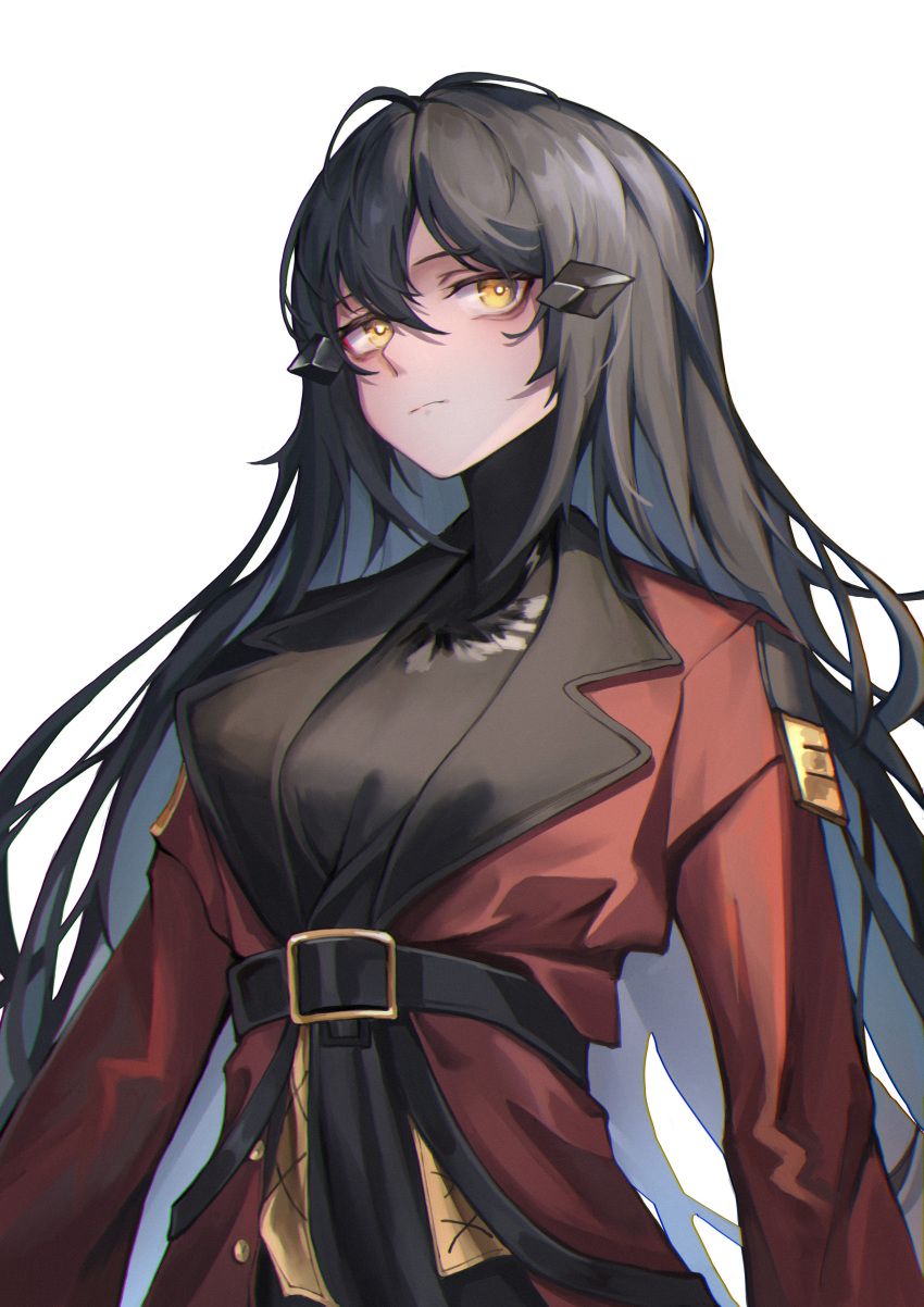 1girl, absurdres, asa_achen, belt, black_belt, black_hair, closed_mouth, coat, commentary_request, dandelion_(girls'_frontline), girls'_frontline, griffin_&amp;_kryuger_military_uniform, hair_between_eyes, hair_ornament, highres, long_hair, red_coat, simple_background, solo, upper_body, white_background, yellow_eyes