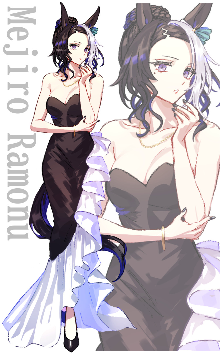 1girl, animal_ears, bare_shoulders, black_dress, black_hair, black_nails, black_shoes, blush