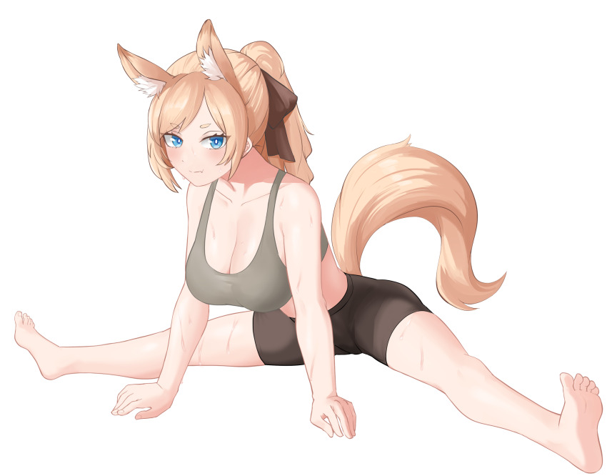1girl, animal_ear_fluff, animal_ears, arknights, bare_shoulders, barefoot, black_shorts, blonde_hair