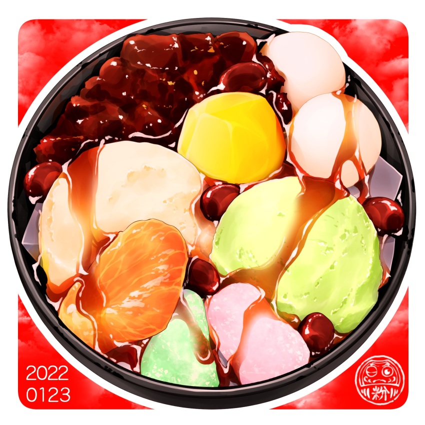 adzuki_bean, anmitsu_(dessert), artist_logo, commentary_request, dated, food, food_focus, highres