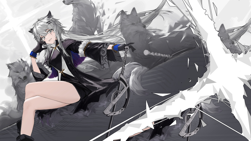 1girl, absurdres, animal, animal_ears, arknights, black_coat, black_dress, black_gloves