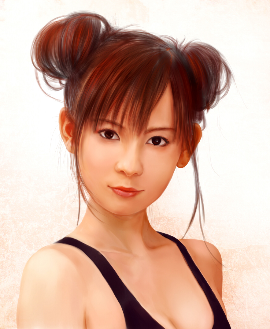 1girl, breasts, brown_eyes, cleavage, derivative_work, double_bun, female_focus, hair_bun, light_smile, medium_breasts, moekyon, nakagawa_shoko, nakagawa_shouko, original, photorealistic, real_life, real_life_insert, realistic, red_hair, solo, swimsuit, upper_body