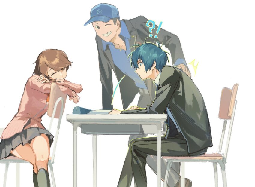 !?, 1girl, 2boys, baseball_cap, belt, black_hair, black_jacket, black_pants