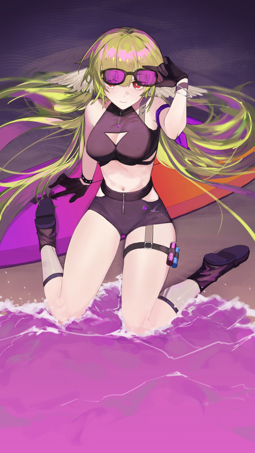 1girl, absurdres, adjusting_eyewear, arknights, arm_up, beach, bikini, black_bikini