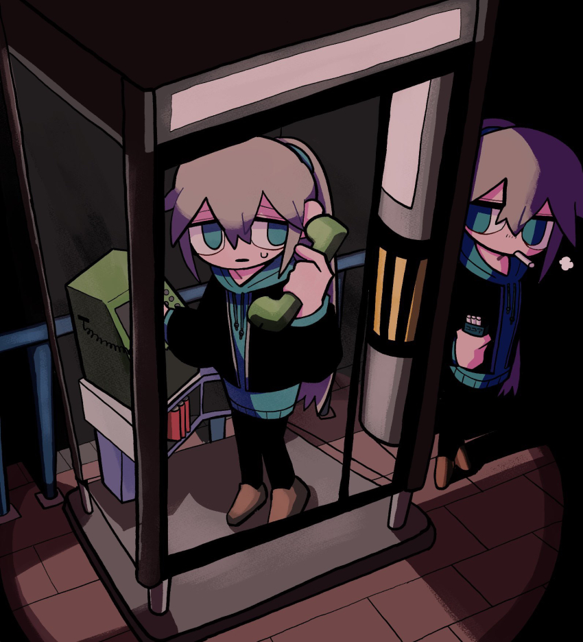 2girls, aqua_eyes, aqua_hoodie, black_background, black_jacket, black_pantyhose, brown_footwear, cigarette