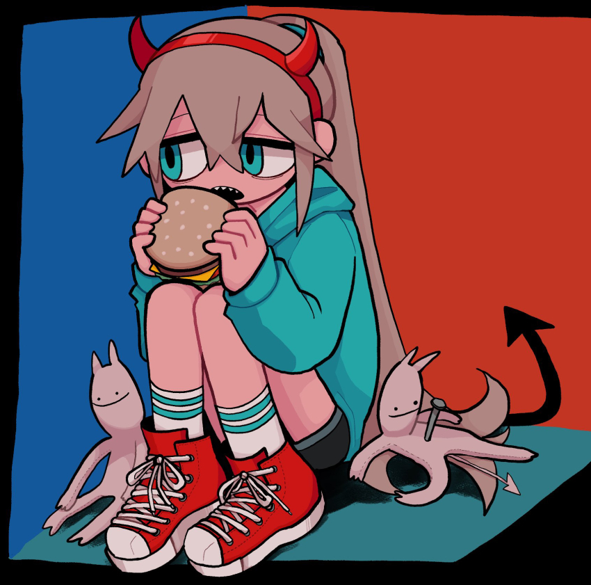 1girl, aqua_eyes, aqua_hoodie, black_background, black_shorts, burger, demon_horns, fake_horns
