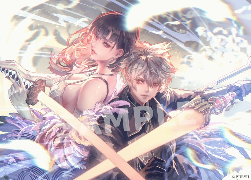 1boy, 1girl, absurdres, black_eyes, black_hair, breasts, character_request, cleavage