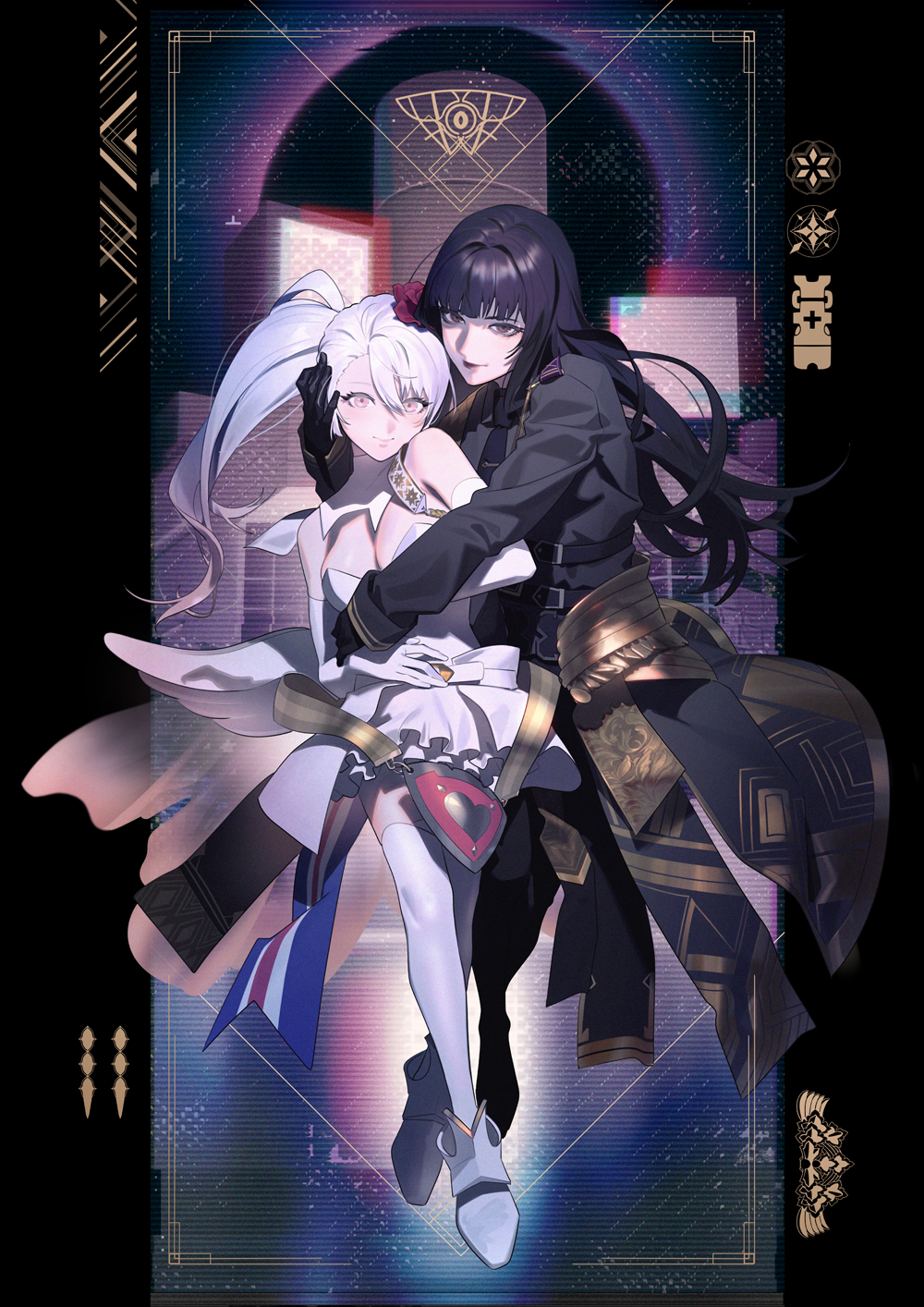 2girls, black_hair, black_jacket, boots, caligula_(game), caligula_(series), commentary_request, dress