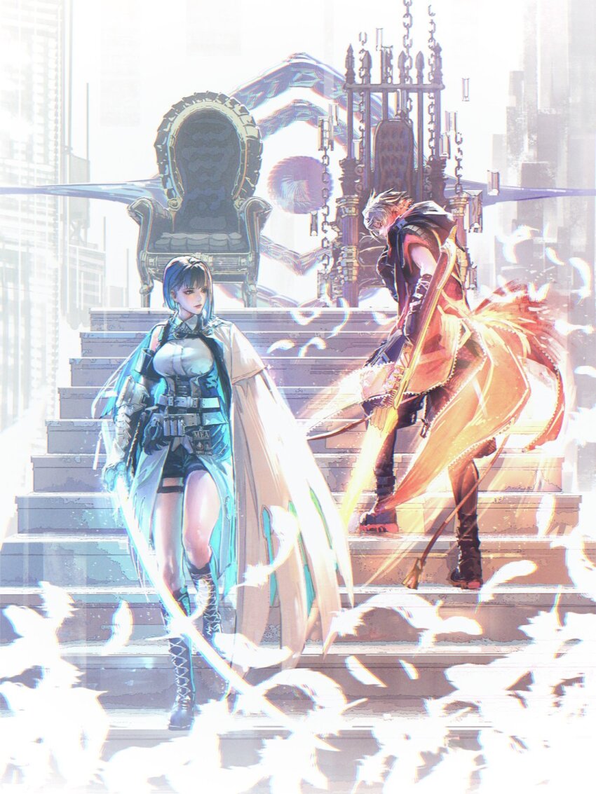 1boy, 1girl, armchair, black_hair, boots, cape, chair, character_request