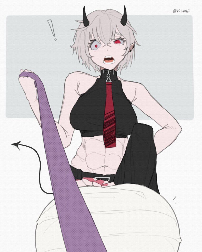 !, abs, absurdres, black_horns, demon_tail, ear_piercing, fangs, femdom