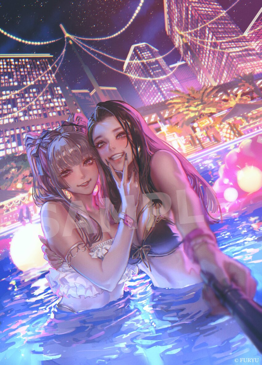 2girls, absurdres, bikini, black_hair, breasts, building, character_request, city, cleavage, commentary_request, grey_eyes, grey_hair, highres, kaburagi_yasutaka, large_breasts, long_hair, multiple_girls, night, official_art, outdoors, pool, reynatis, sample_watermark, selfie, smile, swimsuit, teeth, v, wading, water, watermark