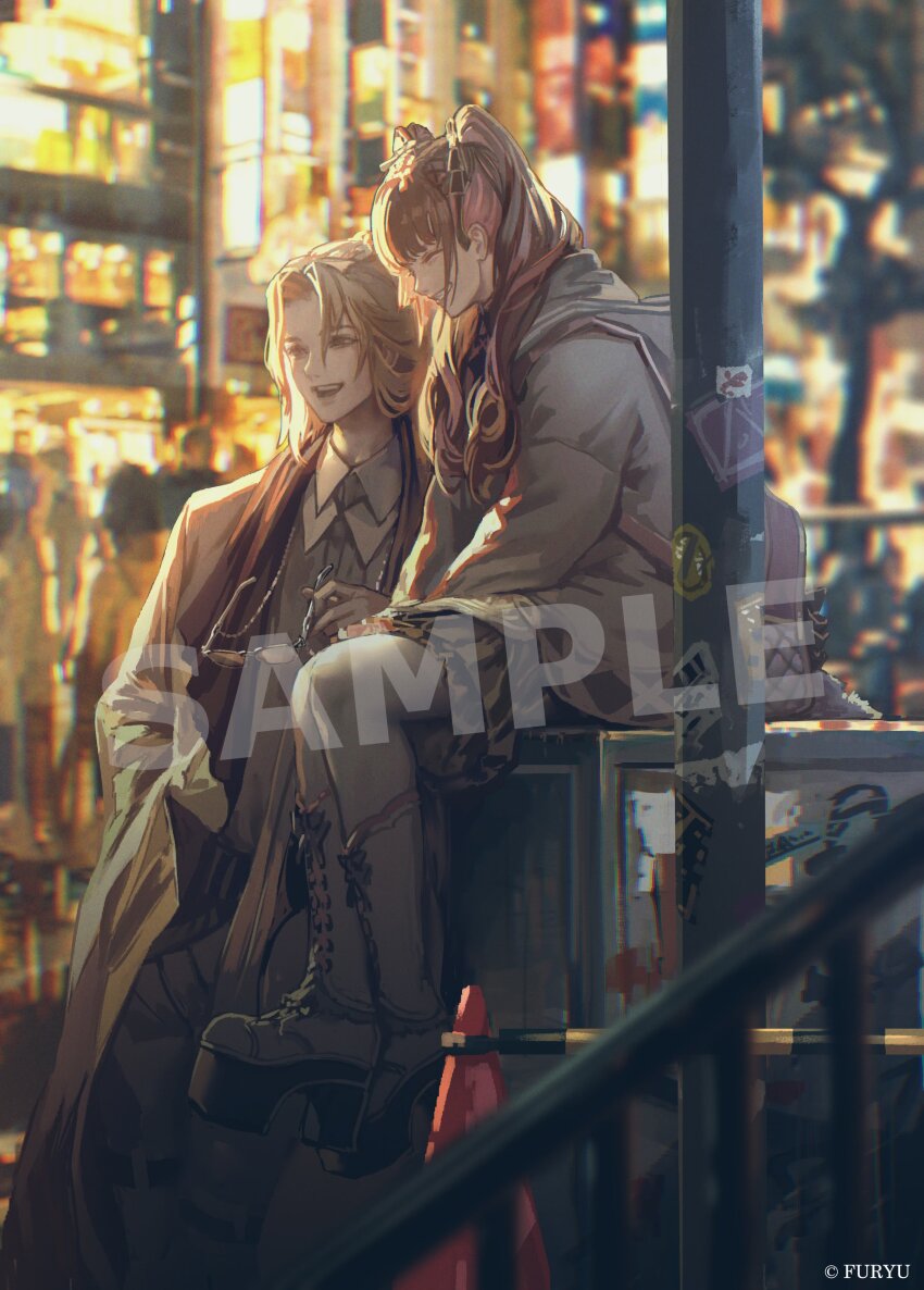 1boy, 1girl, absurdres, backpack, bag, boots, character_request, city