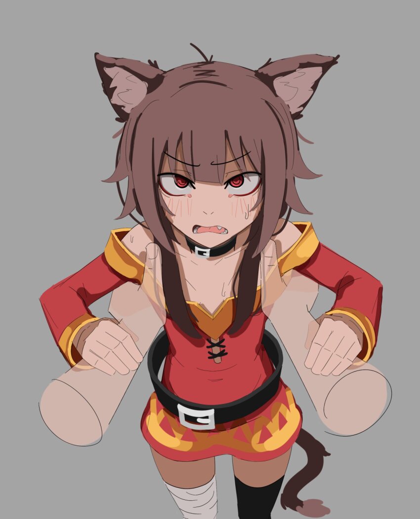 1girl, animal_ear_fluff, animal_ears, armpit_carry, bandaged_leg, bandages, belt, black_belt, black_choker, black_hair, black_thighhighs, blush, breasts, brown_hair, cat_ears, cat_girl, cat_tail, choker, commentary, d:, dress, english_commentary, grey_background, highres, kemonomimi_mode, kono_subarashii_sekai_ni_shukufuku_wo!, kurokimoko, looking_at_viewer, megumin, open_mouth, red_dress, red_eyes, short_hair, short_hair_with_long_locks, simple_background, solo_focus, sweat, tail, thighhighs