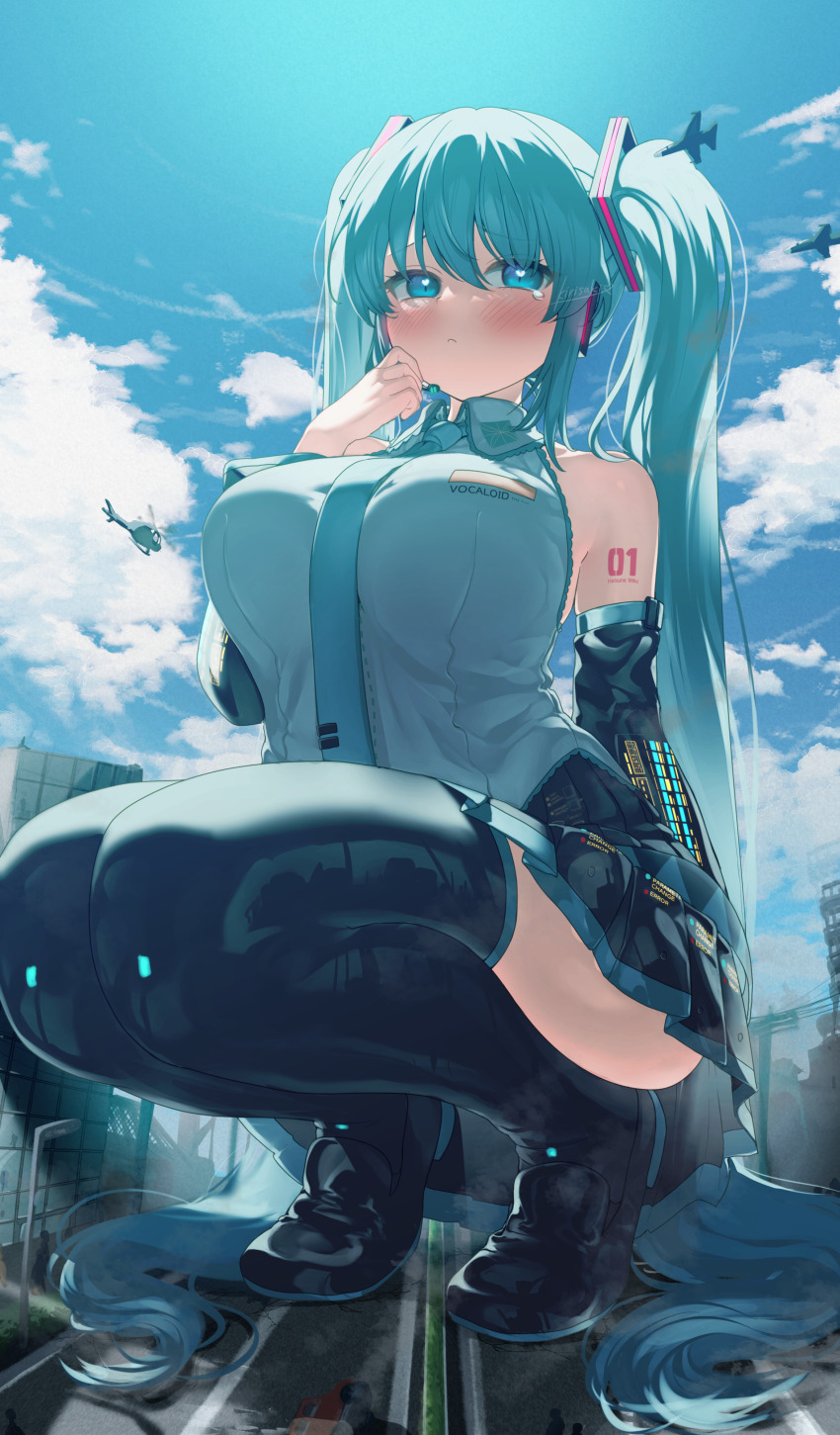 1girl, absurdres, aircraft, airplane, alternate_breast_size, aqua_eyes, aqua_hair, aqua_necktie, aqua_trim, arm_behind_back, arm_tattoo, bare_shoulders, black_boots, black_skirt, bloom, blush, boots, breasts, bright_pupils, cityscape, closed_mouth, cloud, cloudy_sky, collared_shirt, detached_sleeves, double-parted_bangs, fighter_jet, from_below, full_body, giant, giantess, grey_shirt, hair_between_eyes, hand_on_own_cheek, hand_on_own_face, hand_up, hatsune_miku, headset, heart, heart-shaped_pupils, helicopter, highres, kirisaki_shuusei, lace, lace-trimmed_collar, lace-trimmed_shirt, lace-trimmed_shirt_collar, lace_trim, large_breasts, long_hair, microphone, military_vehicle, miniskirt, necktie, number_tattoo, outdoors, pleated_skirt, pout, road, shiny_clothes, shirt, sidelocks, signature, skirt, sky, sleeveless, sleeveless_shirt, squatting, street, symbol-shaped_pupils, tattoo, taut_clothes, taut_shirt, tearing_up, thick_thighs, thigh_boots, thighhighs, thighs, tiptoes, twintails, very_long_hair, vocaloid, zettai_ryouiki