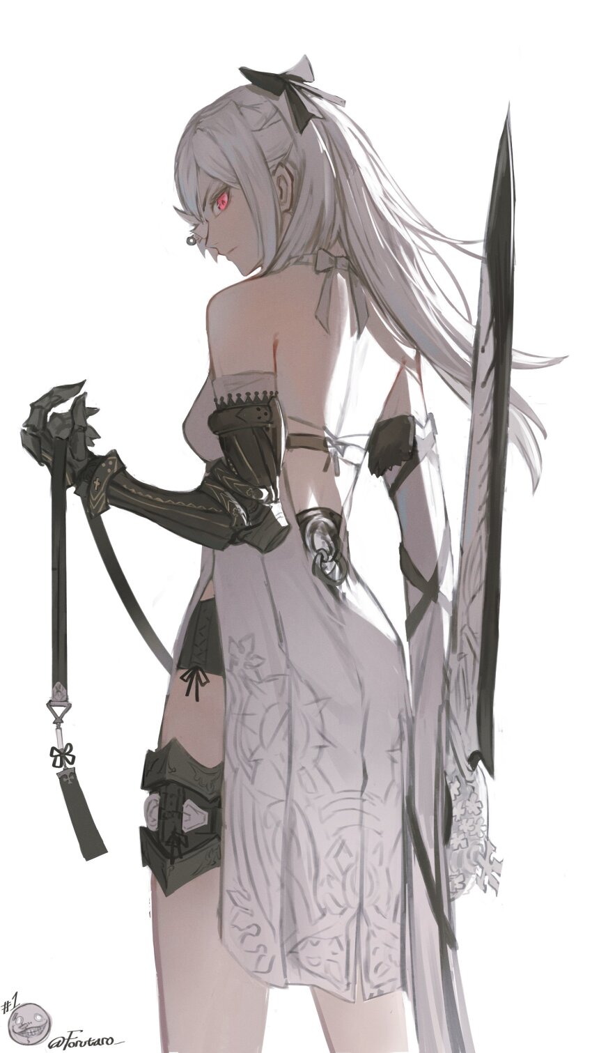1girl, absurdres, back_cutout, bare_shoulders, black_bow, black_shorts, bow, clothing_cutout, drag-on_dragoon, dress, emil_(nier), forutaro, hair_bow, highres, holding, holding_sword, holding_weapon, long_hair, looking_at_viewer, looking_back, median_furrow, nier, nier_(series), prosthesis, prosthetic_arm, red_eyes, reverse_grip, shorts, side_slit, sidelocks, signature, solo, standing, sword, weapon, white_dress, white_hair, zero_(drag-on_dragoon)