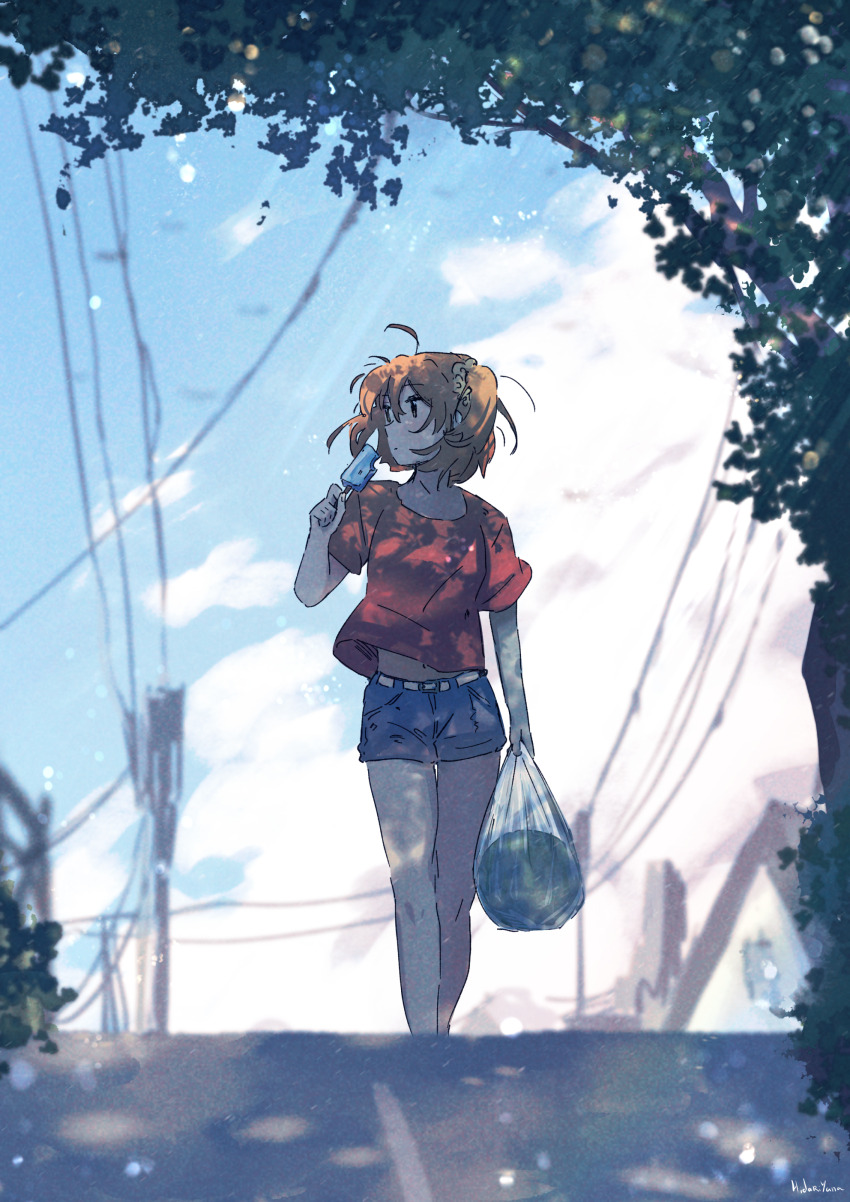 1girl, absurdres, ahoge, alternate_costume, arm_at_side, bag, belt, blue_shorts