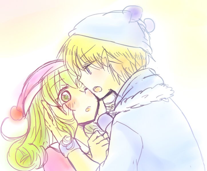 1boy, 1girl, 6v6_f5, blonde_hair, blue_coat, blush, coat, commentary_request, facing_another, green_eyes, green_hair, hands_on_another's_cheeks, hands_on_another's_face, hat, hood, hooded_coat, humanization, long_hair, looking_back, mirumo, mirumo_de_pon!, nightcap, one_eye_closed, rirumu_(mirumo_de_pon!), talking, upper_body