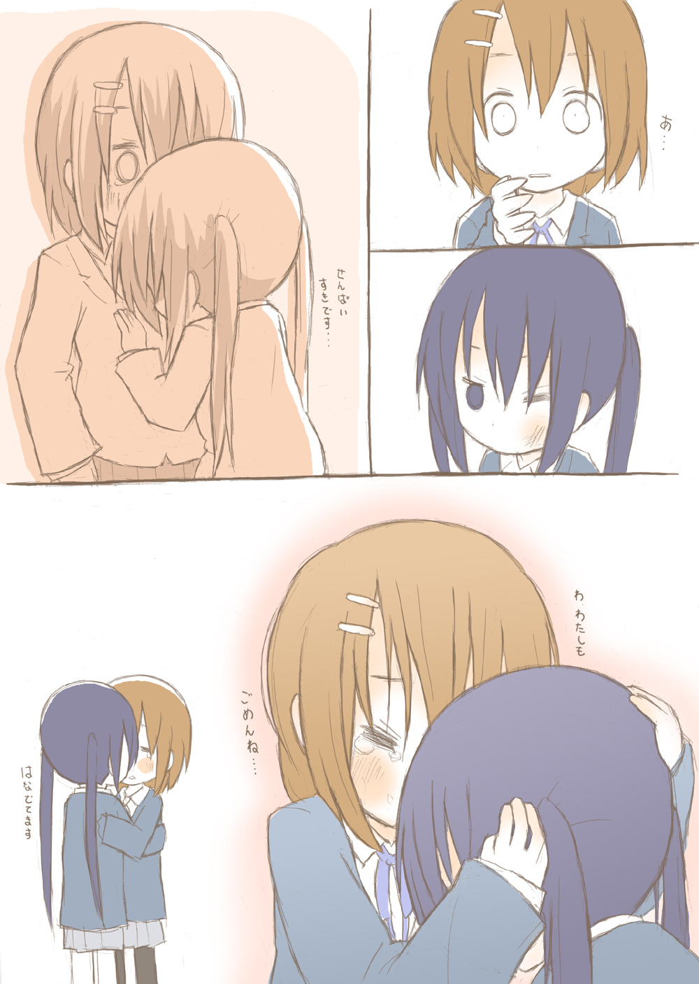 2girls, blush, comic, highres, hirasawa_yui, hug, itesu, k-on!