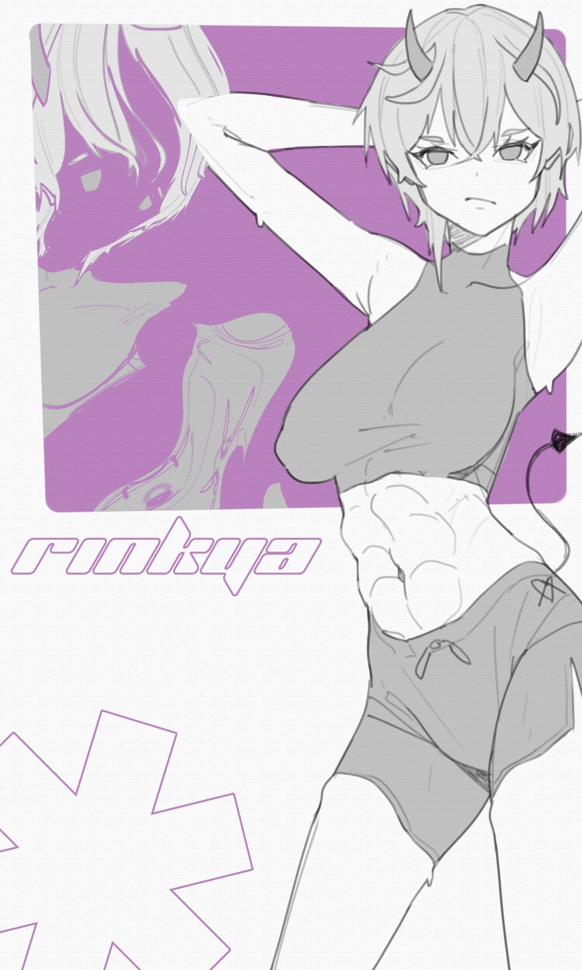 1girl, abs, absurdres, character_name, demon_tail, greyscale_with_colored_background, hair_between_eyes, hands_behind_own_head