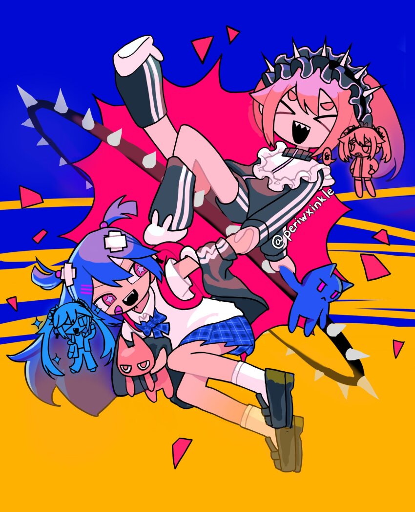 >_<, 2girls, animal, bandaid, bandaid_on_cheek, bandaid_on_face, black_footwear, black_jacket